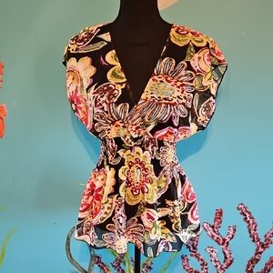 Bisou Bisou Black Floral V-Neck Blouse